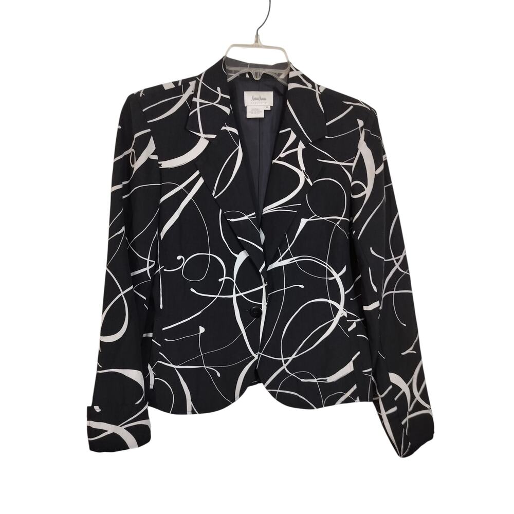 3876)Neiman Marcus Silk Linen  Abstract Black & White Single Button Blazer Sz 10